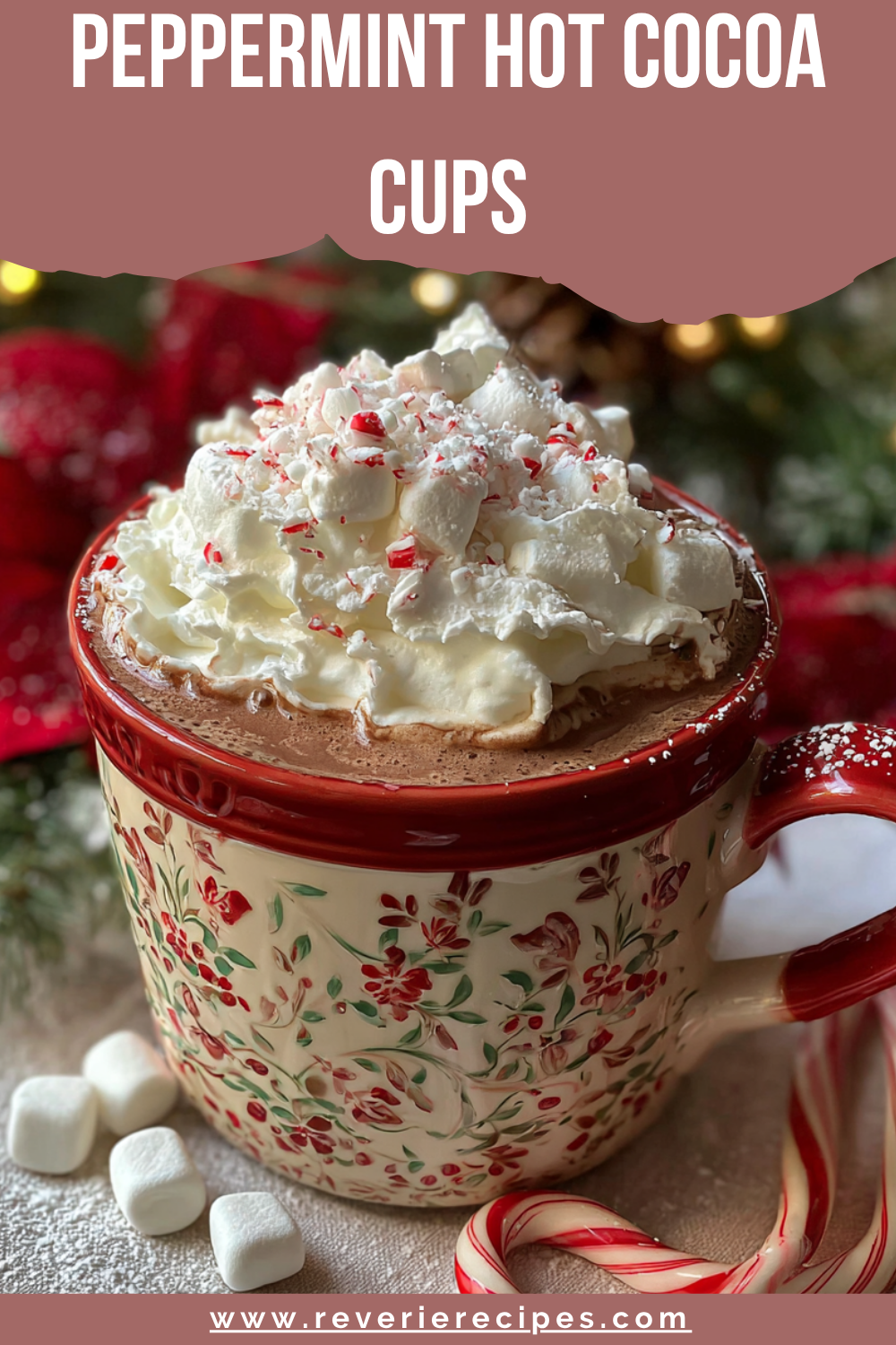 Close-up of chocolate cups with crushed-peppermint rims, filled with cocoa mix and mini marshmallows on a parchment-lined tray, festive, no-bake edible hot chocolate “mugs.”