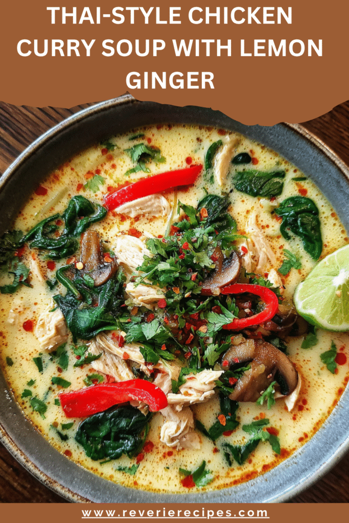 Thai coconut chicken soup with ginger and citrus, featuring sliced chicken, mushrooms, red bell pepper, and spinach, garnished with cilantro and lime.