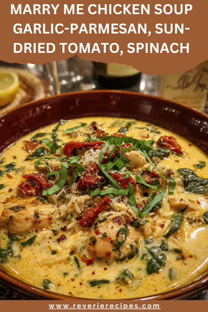 Creamy “Marry Me” chicken soup with sun-dried tomatoes and spinach, garnished with Parmesan and fresh basil.