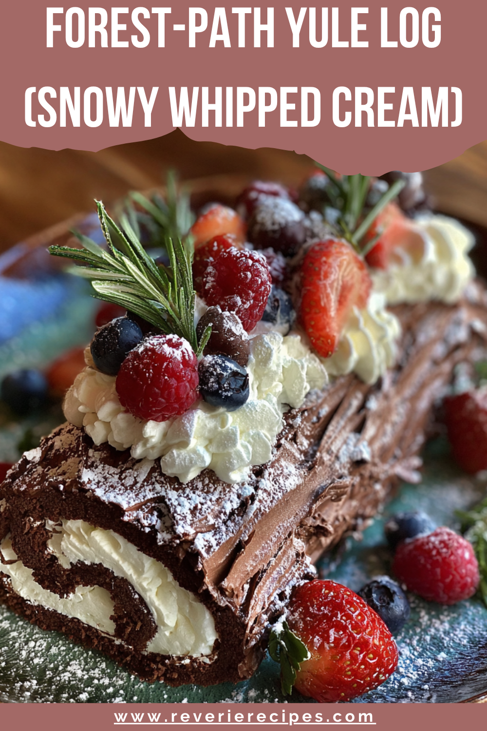 Chocolate yule log on a wooden board with bark-style ganache, powdered-sugar “snow,” and rosemary sprigs; a cut slice shows a neat spiral of cocoa sponge and mascarpone whipped cream.