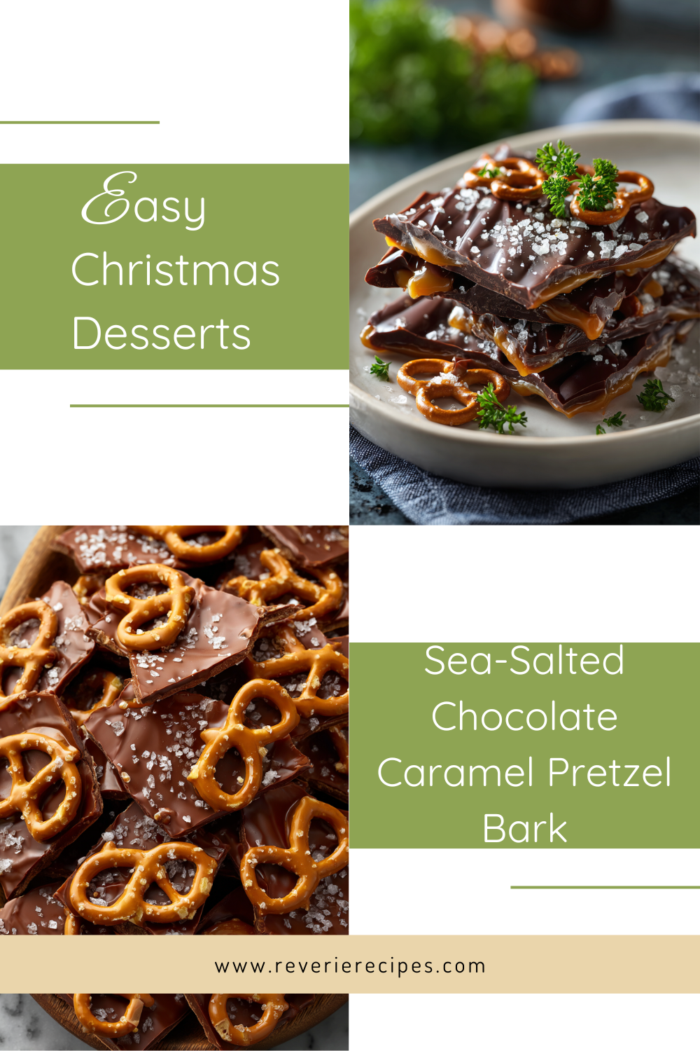 Green Simple Recipes Pinterest Pin (1) Shards of salted chocolate caramel pretzel bark on parchment, glossy drizzle and sea salt flakes.