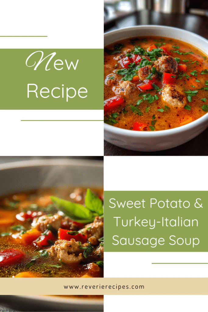 Broth-based sweet potato and turkey-Italian sausage soup with onion, celery, and red bell pepper; finished with parsley and black pepper.