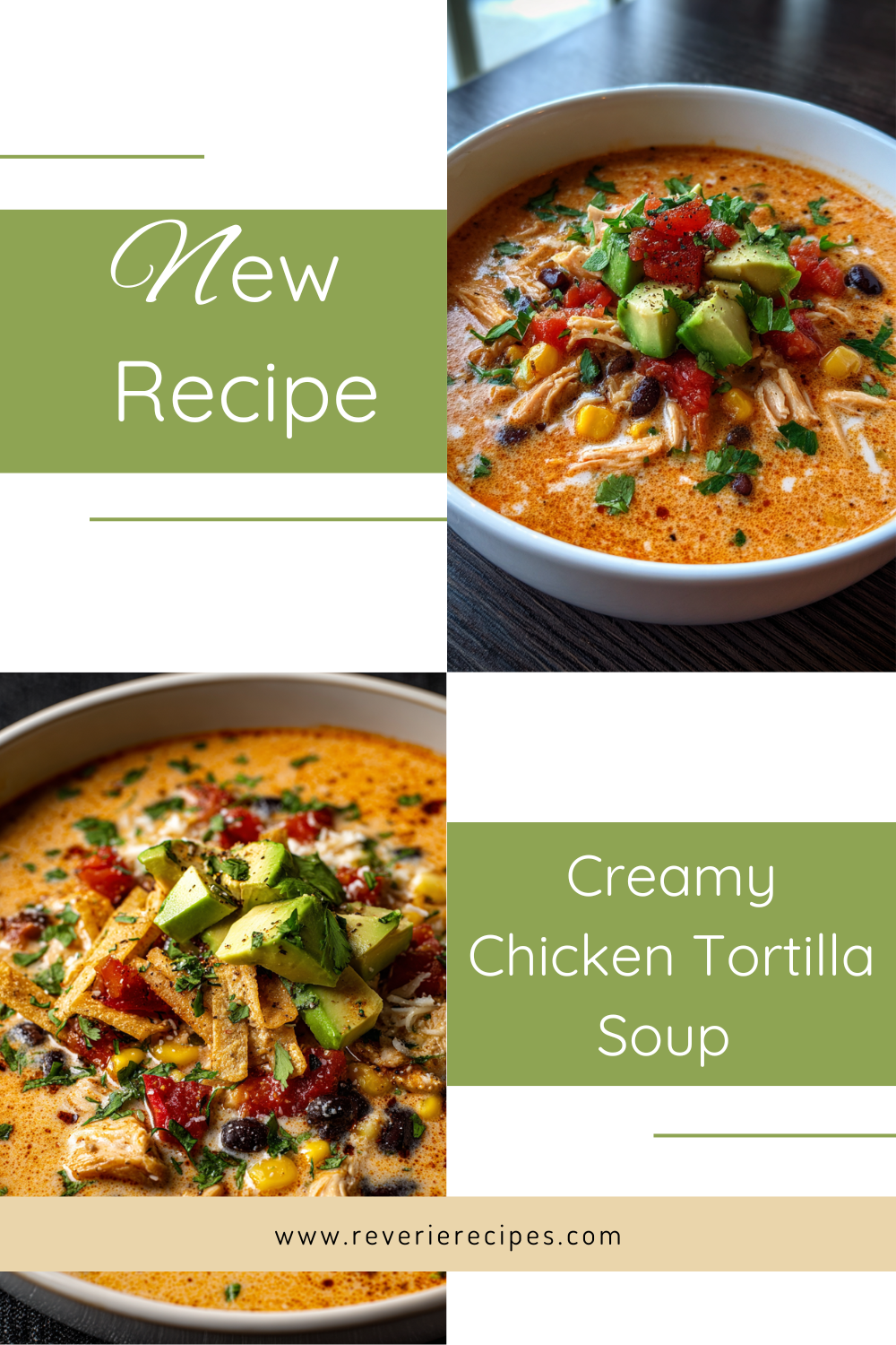 Creamy chicken tortilla soup with Rotel tomatoes, corn, black beans, and shredded chicken; topped with tortilla strips, avocado, sour cream, cheese, cilantro, and lime.