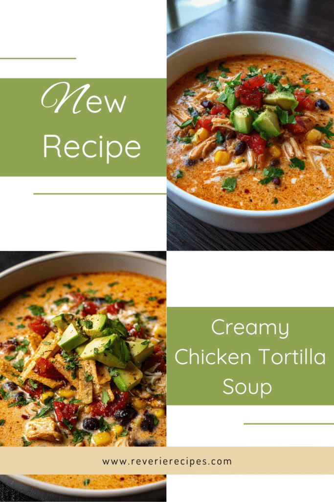 Creamy chicken tortilla soup with Rotel tomatoes, corn, black beans, and shredded chicken; topped with tortilla strips, avocado, sour cream, cheese, cilantro, and lime.