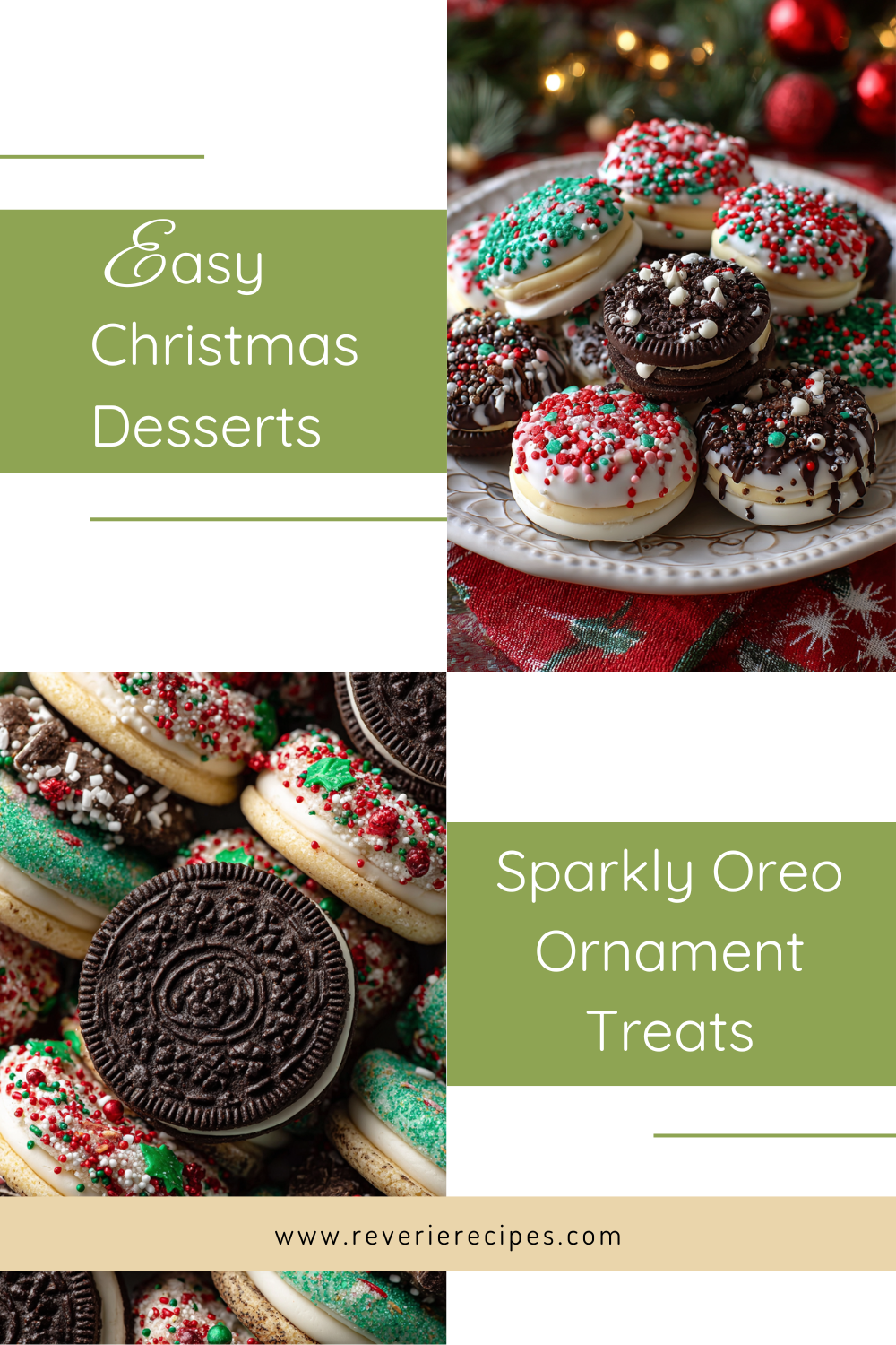 Green Simple Recipes Pinterest Pin (4) Chocolate-dipped Oreo ornament cookies cute holiday snacks.
