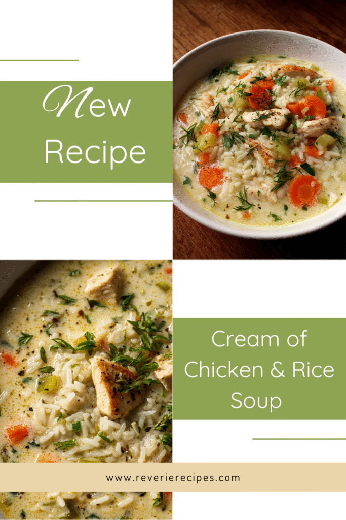 Cream of chicken and jasmine rice soup with carrots, celery, and onion in a silky cream broth; garnished with parsley and black pepper.
