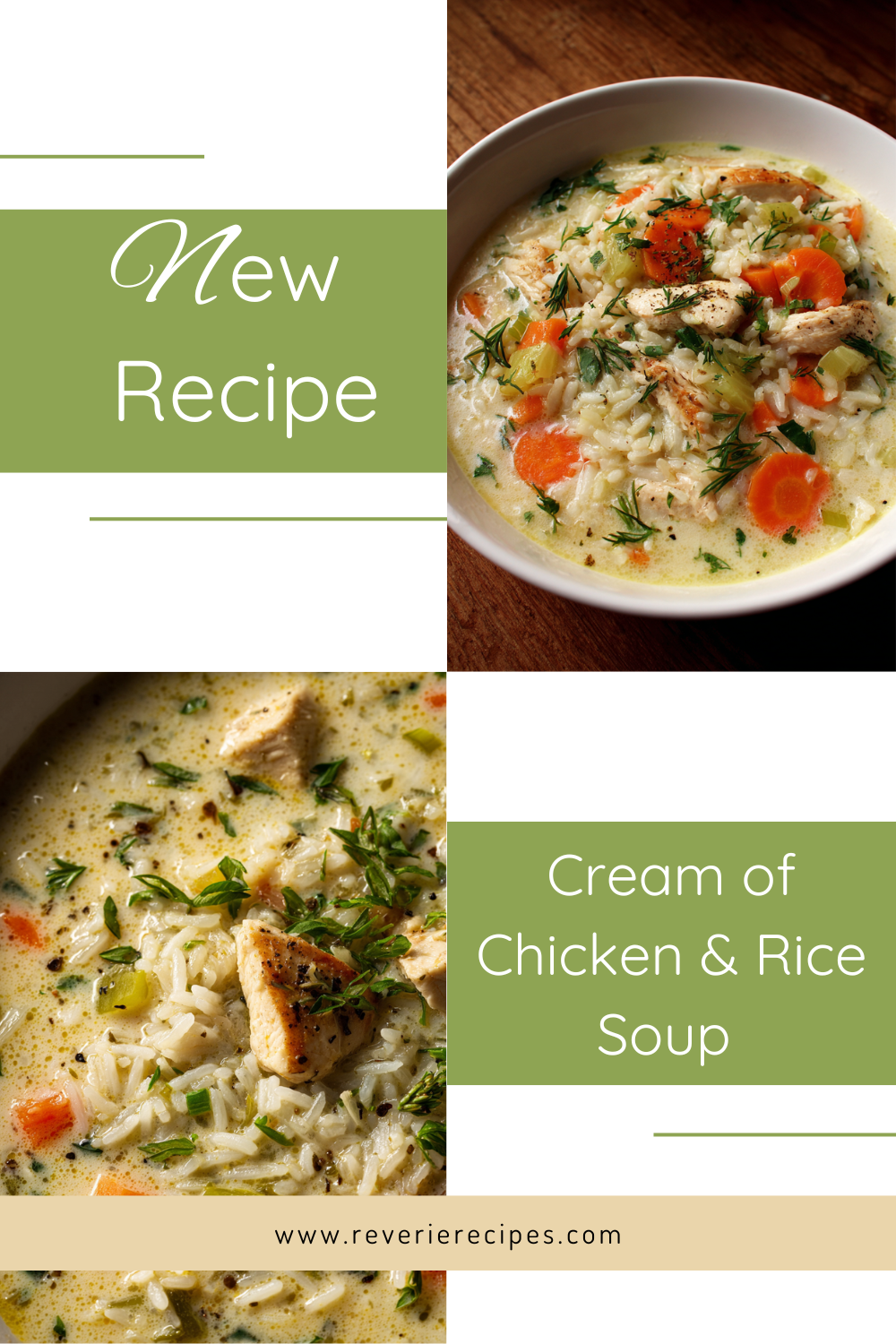 Green Simple Recipes Pinterest Pin (4) Cream of chicken and jasmine rice soup with carrots, celery, and onion in a silky cream broth; garnished with parsley and black pepper.