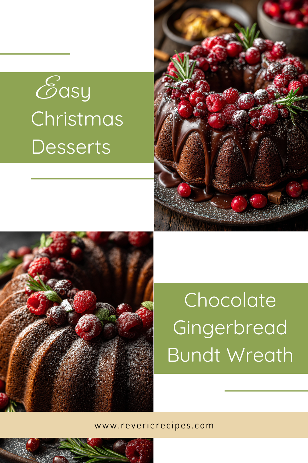 Glossy Chocolate Bundt Cake wreath with cranberries and rosemary.