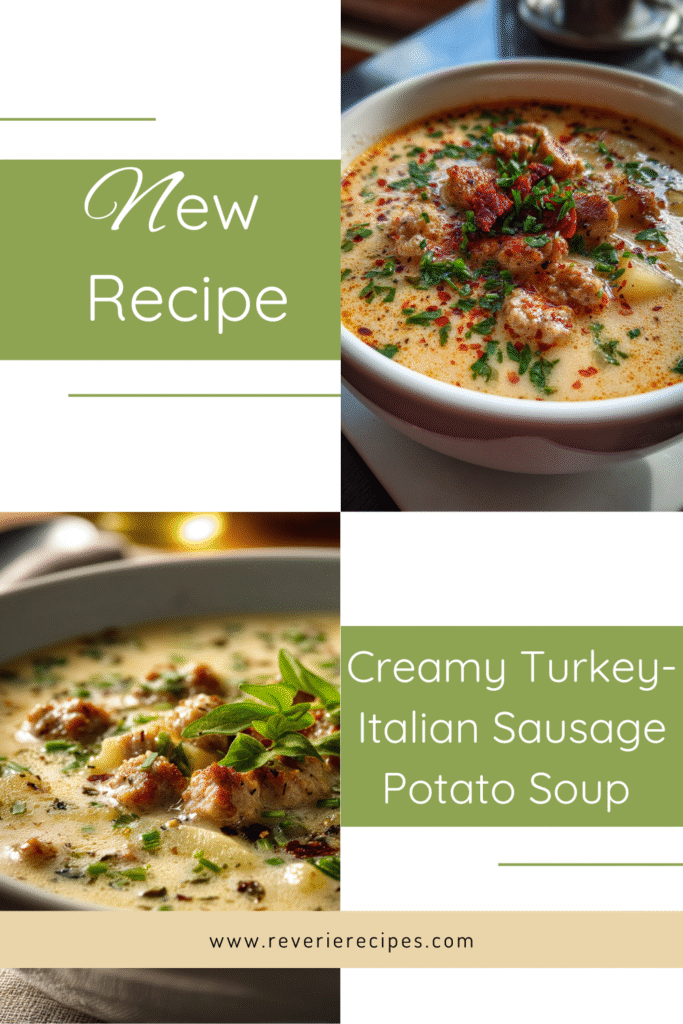 Creamy turkey Italian sausage and potato soup in a roux-thickened broth with onions and celery; garnished with parsley and black pepper.