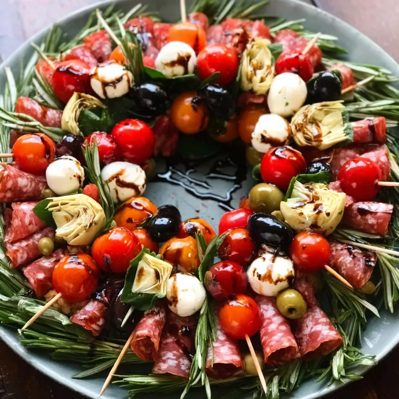 Dark plate with wreath of antipasto skewers including cheese, artichokes, olives, tomatoes, salami, and rosemary