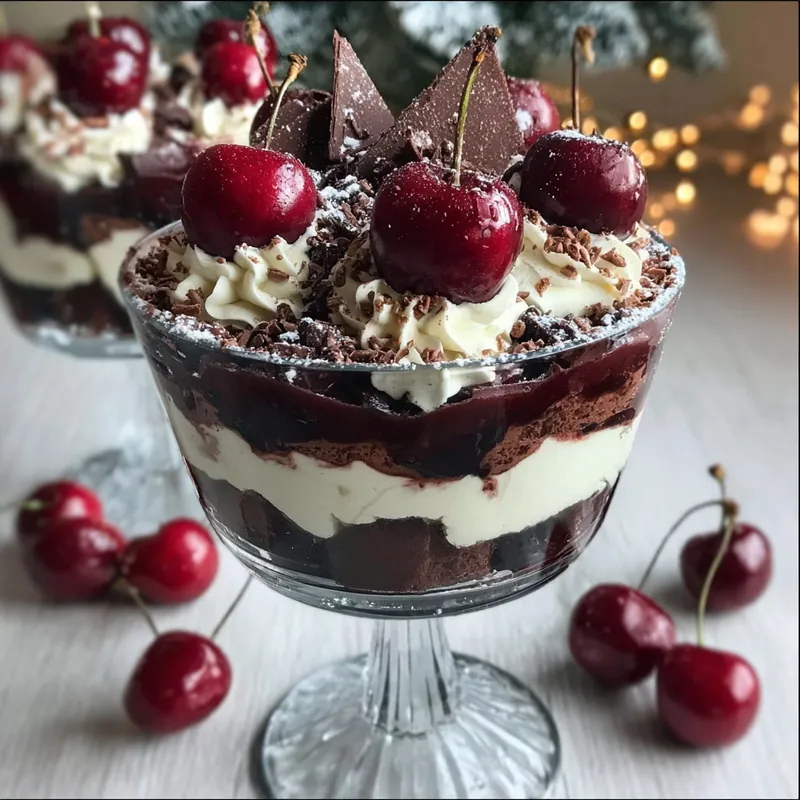 Glass trifle layered with chocolate cake, whipped cream, cherries, and dark chocolate shards