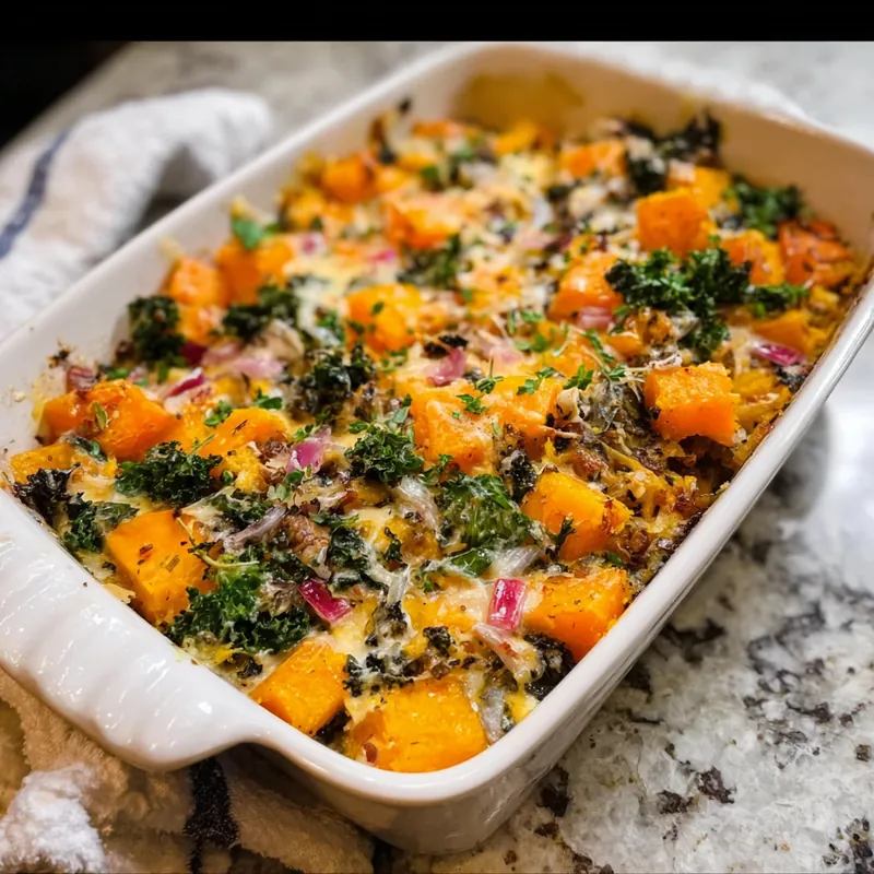 Baked butternut squash and kale casserole with melted cheese and red onions in white dish