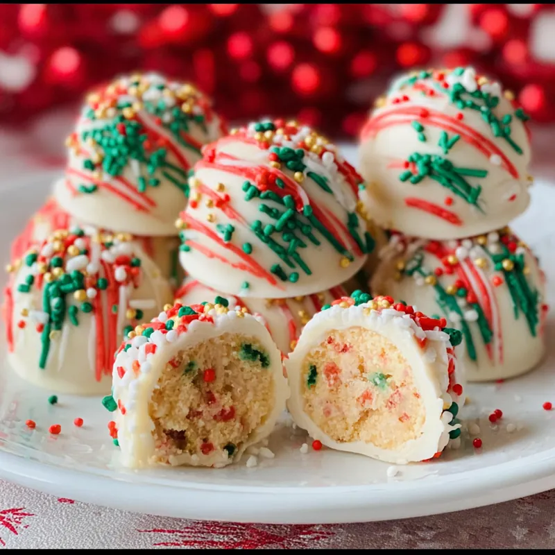 White chocolate-coated cake balls with red and green sprinkles and funfetti interior on a holiday plate