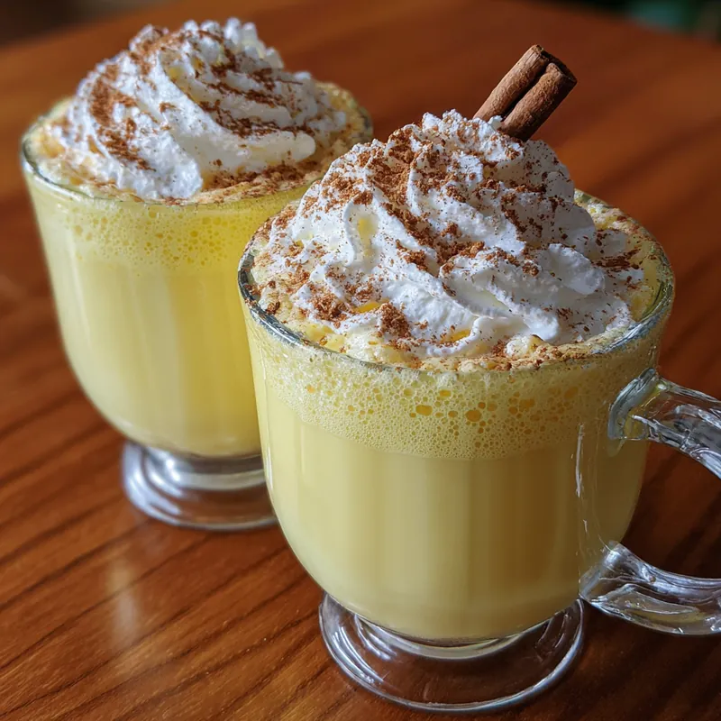 wo glass mugs of frothy classic eggnog with whipped cream and cinnamon sticks
