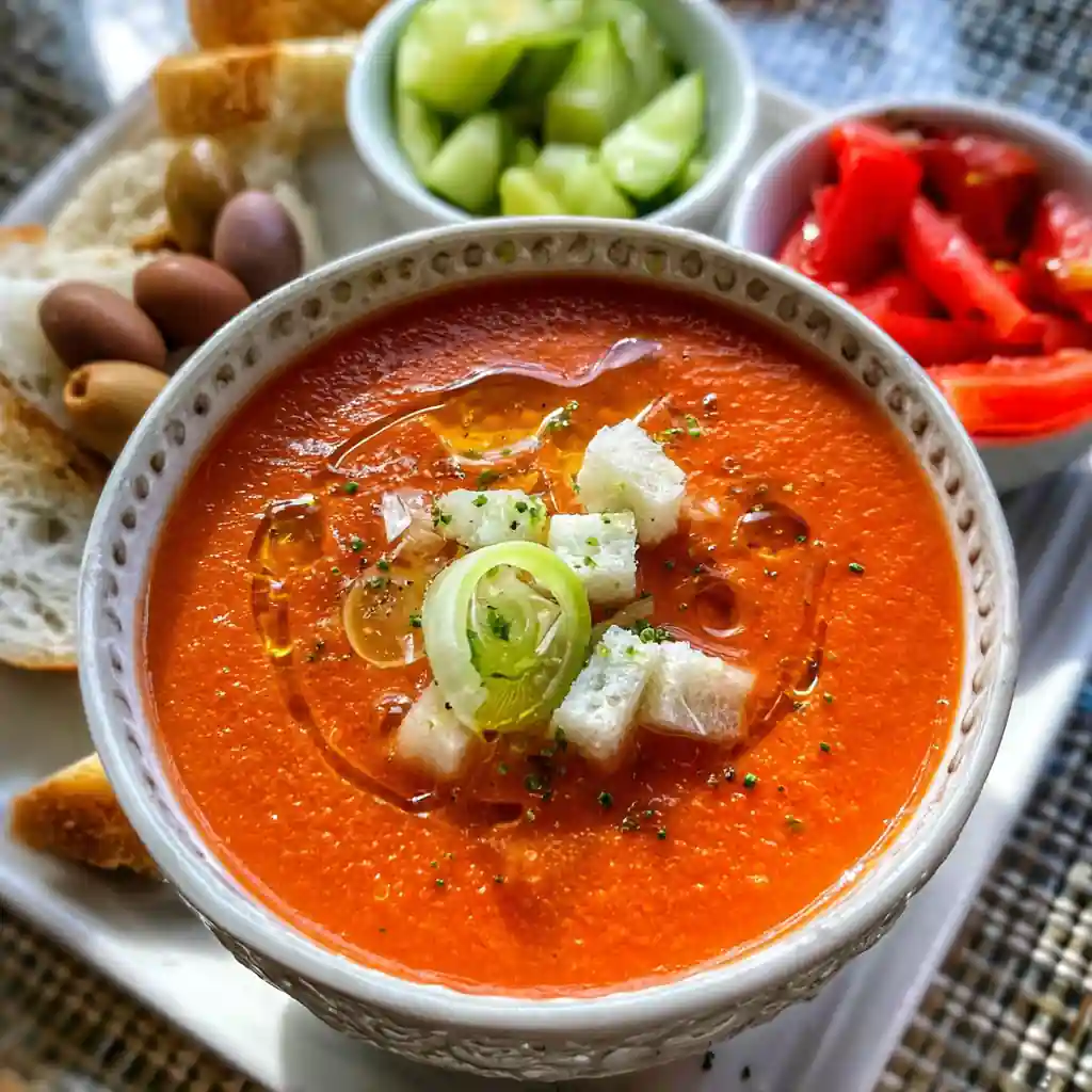 Classic Spanish gazpacho in a white bowl topped with croutons, leeks, and olive oil, served with bread, olives, and vegetables
