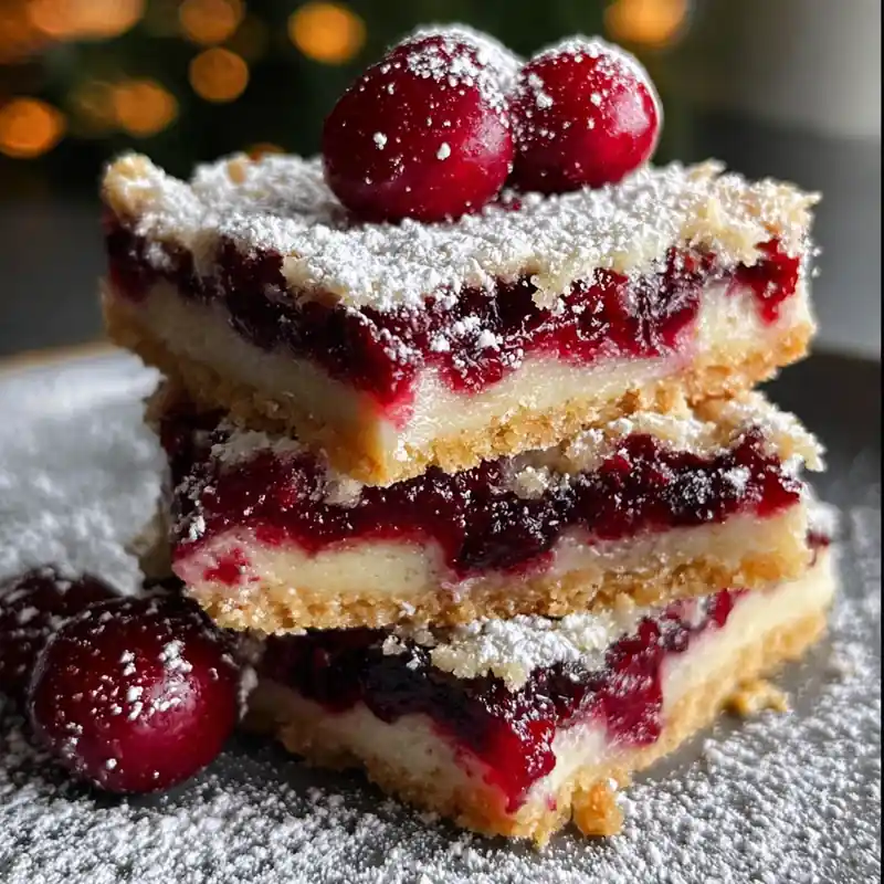 stack of cranberry cheesecake bars with powdered sugar and whole cranberries
