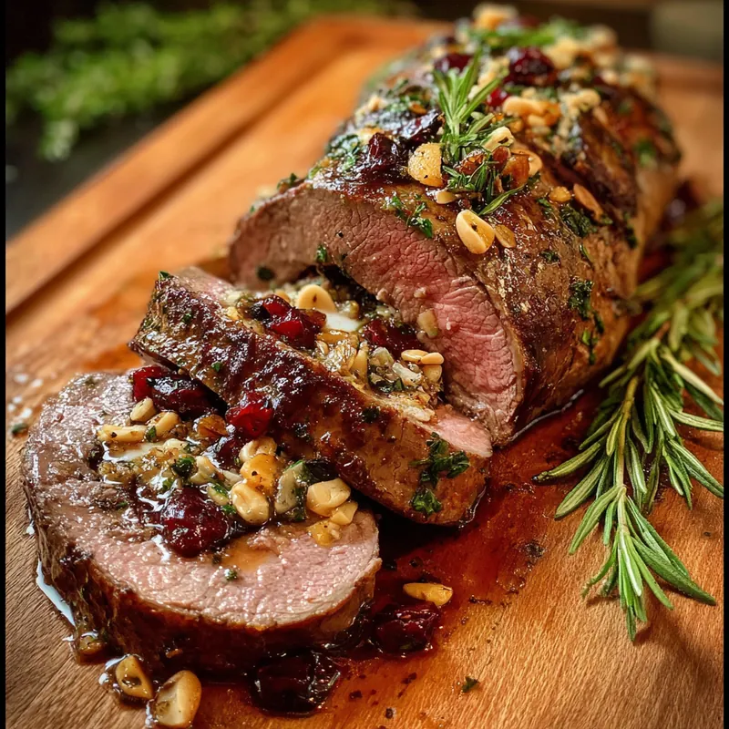 Sliced beef tenderloin topped with cranberry, garlic, and pine nut glaze, garnished with rosemary