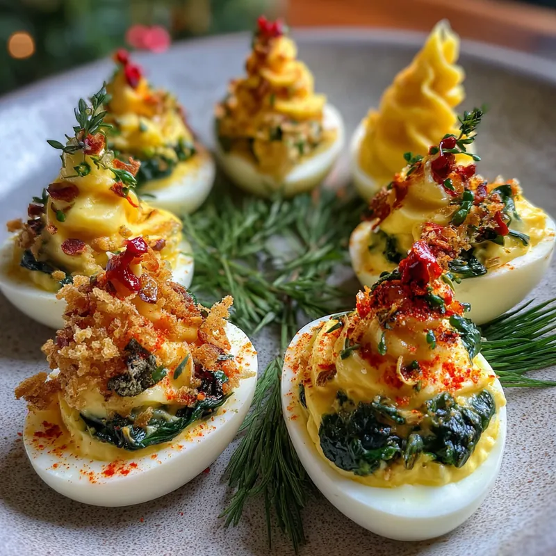 Deviled eggs topped with festive herbs, spinach, paprika, and decorative garnishes