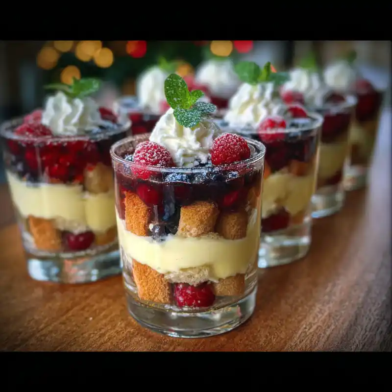 holiday berry trifles in glasses layered with sponge cake, custard, whipped cream, and fresh berries