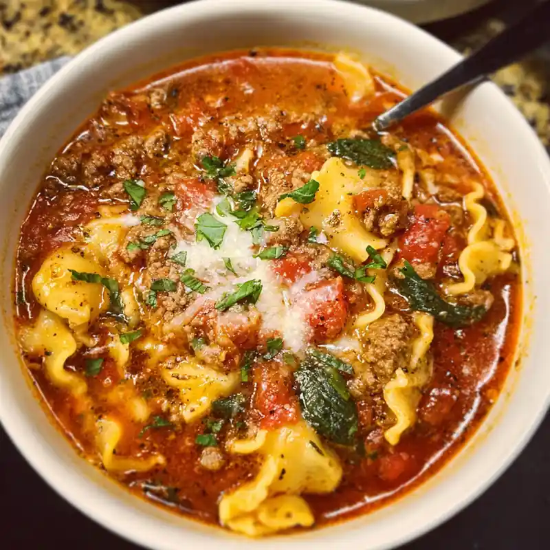 bowl of lasagna soup with pasta, ground beef, tomatoes, spinach, and parmesan cheese