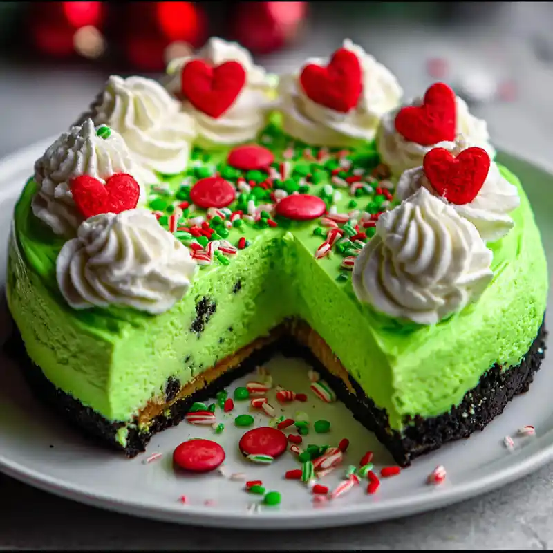 whole mint chocolate cheesecake topped with whipped cream, red hearts, and holiday sprinkles