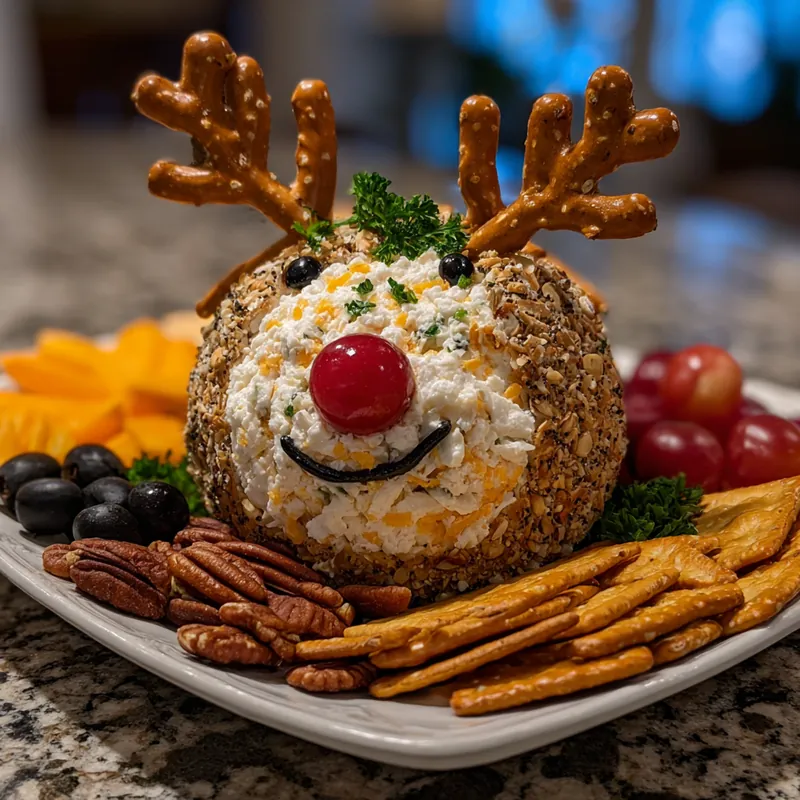 Cheese ball decorated as a reindeer with pretzel antlers and cherry nose surrounded by crackers