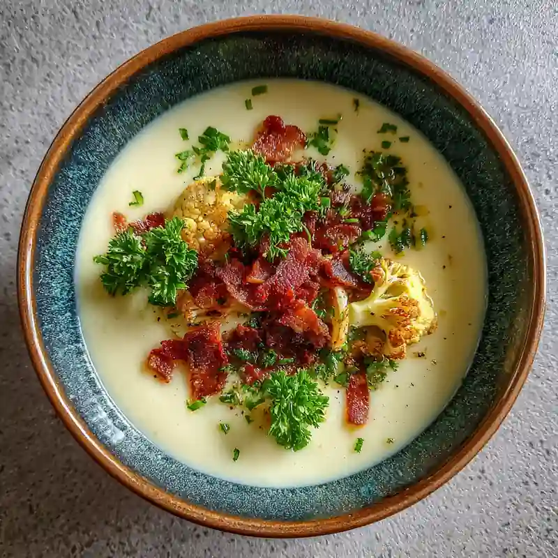 Creamy cauliflower and leek soup with chives, bacon bits, olive oil, and pepper