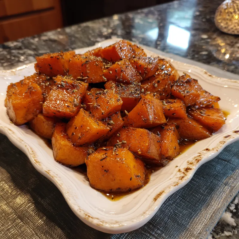 Cubed sweet potatoes roasted with savory herbs and spices in a white baking dish