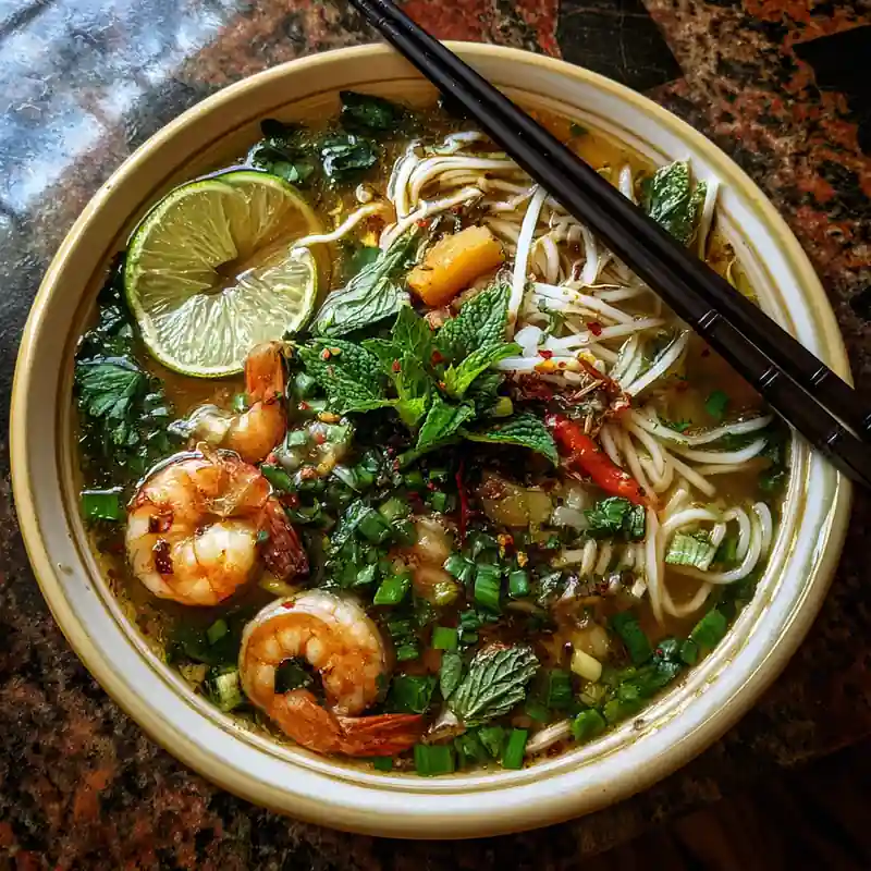 spicy shrimp noodle soup with herbs, lime, and chopsticks on rustic stone table