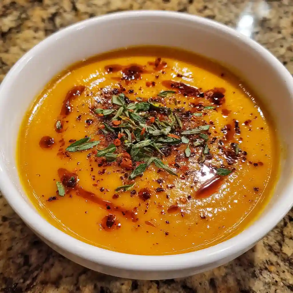Spicy chipotle sweet potato soup in a white bowl, garnished with chili oil and herbs, on a granite countertop