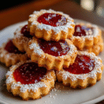 Round almond Linzer cookies with star cutouts and raspberry jam, dusted with powdered sugar.