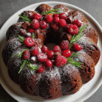 Glossy Chocolate Bundt Cake wreath with cranberries and rosemary.