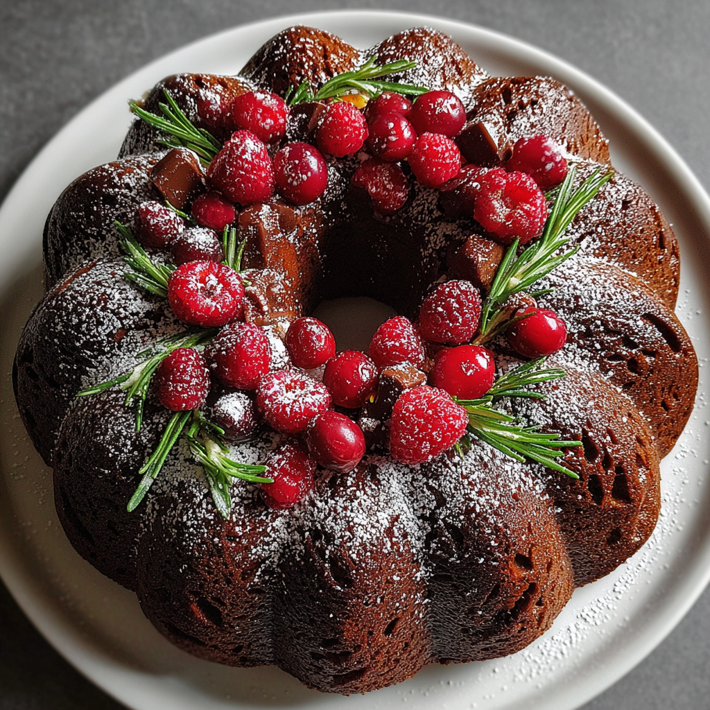 Glossy Chocolate Bundt Cake wreath with cranberries and rosemary.
