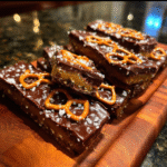 Shards of salted chocolate caramel pretzel bark on parchment, glossy drizzle and sea salt flakes.