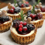 Glass cups of white chocolate cheesecake with gingerbread crust and mulled berries, garnished with rosemary and sugared cranberries.