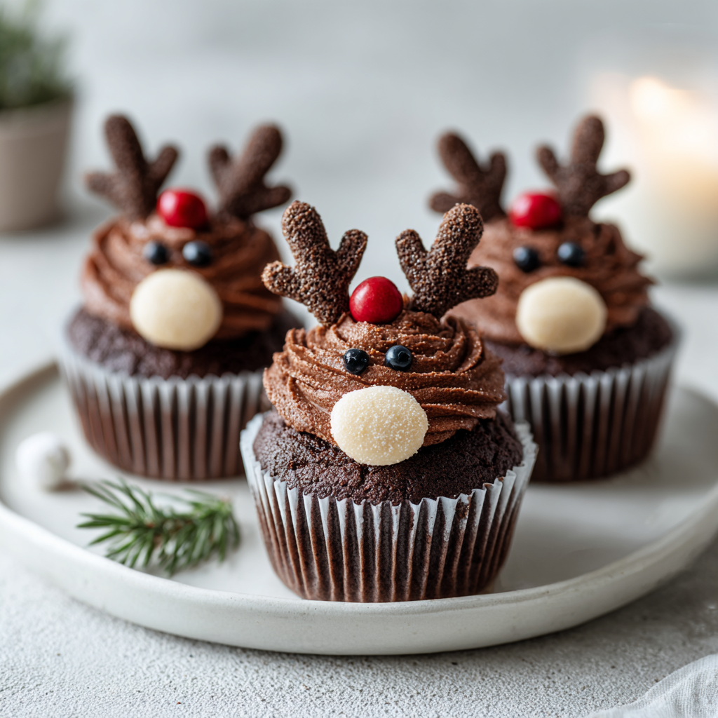 Festive reindeer cupcakes with candy antlers and red noses.