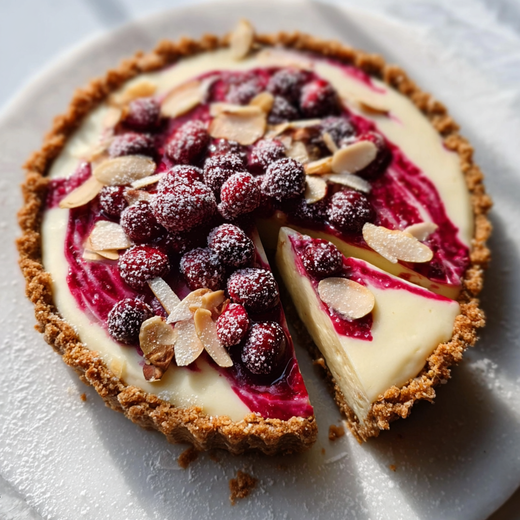 creamy cheesecake tart topped with sugared cranberries, almond slices, and berry swirl