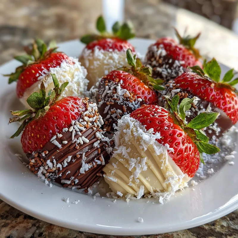Fresh strawberries dipped in white and dark chocolate, topped with coconut and sprinkles