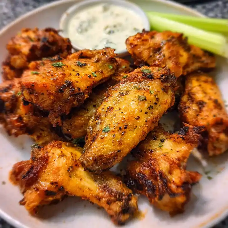 crispy air fryer buffalo wings served with ranch and celery sticks