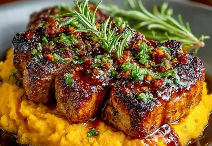 Delicious Apple Cider Pork served with mashed sweet potatoes