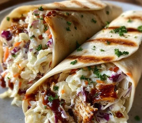 BBQ chicken coleslaw wraps served on a wooden plate