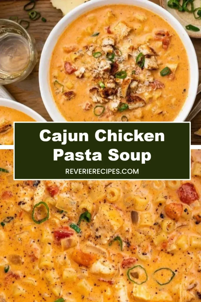 Bowl of spicy Cajun Chicken Pasta Soup with vegetables and pasta