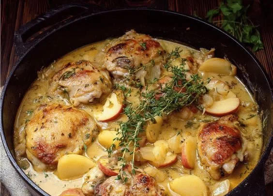 Delicious Chicken Normandy served on a plate with fresh herbs.