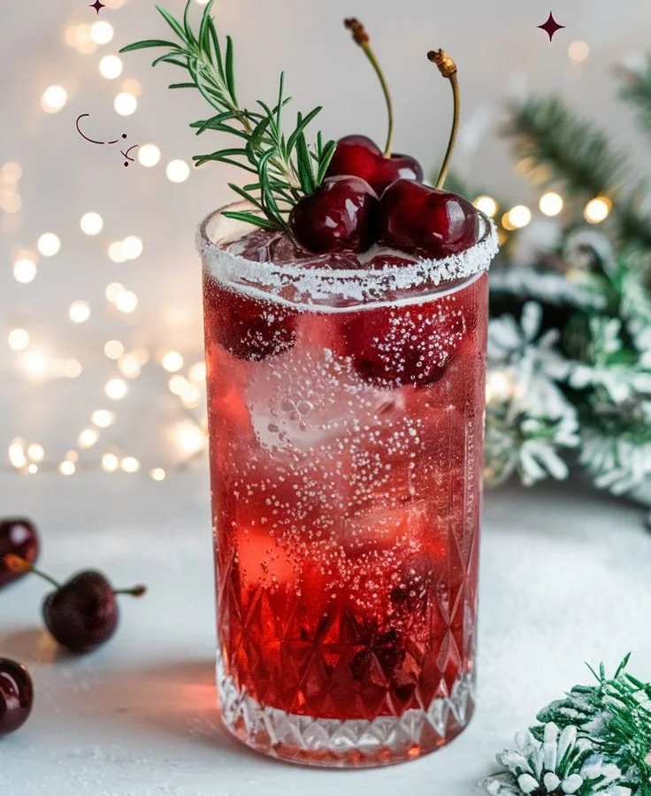 Christmas Cherry Fizz mocktail in a festive glass with holiday decorations