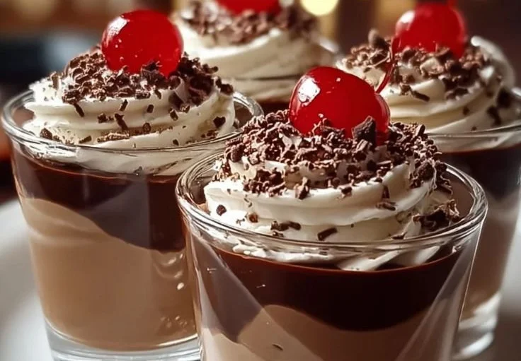Christmas Chocolate Kahlua and Baileys pudding shots served in festive cups.
