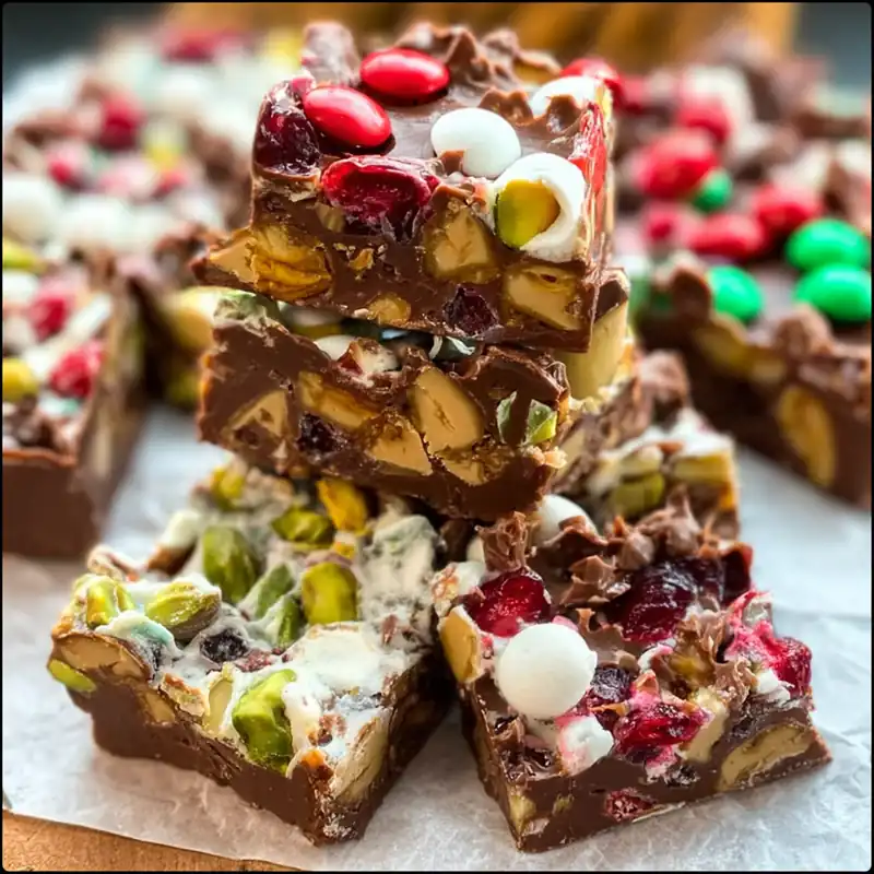 festive rocky road bars with marshmallows, M&Ms, pistachios, and cranberries