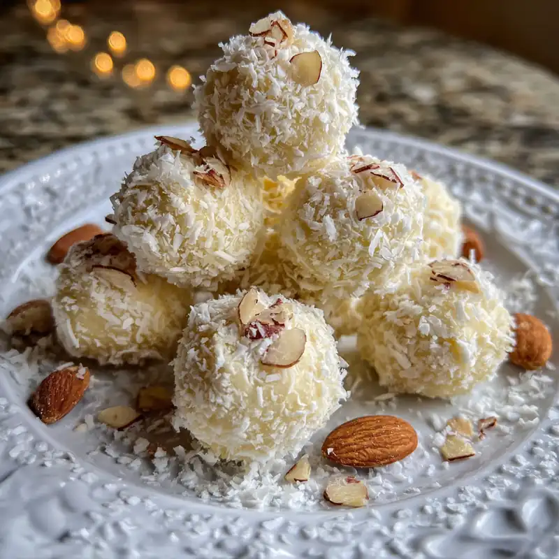coconut snowball truffles topped with sliced almonds on a white plate