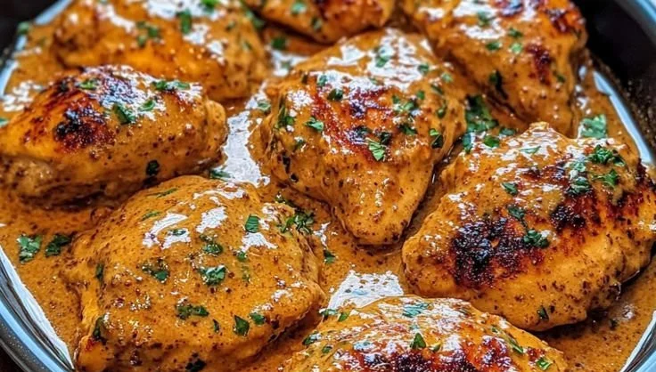 Delicious Cowboy Butter Chicken served in a rustic dish with herbs and spices.