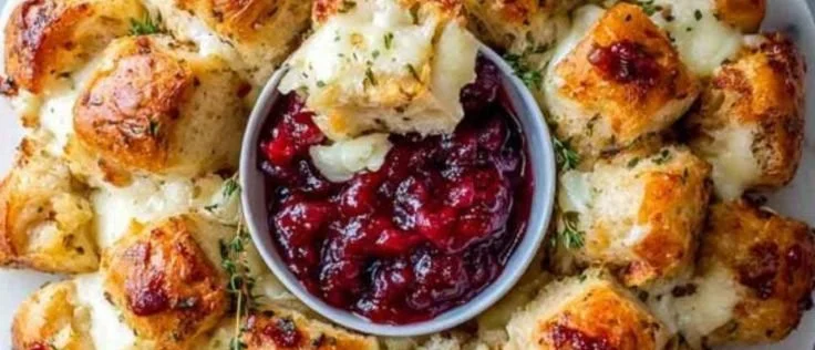 Cranberry Brie Pull-Apart Bread Bites garnished and ready to serve as an appetizer
