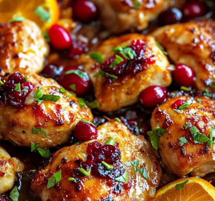 Cranberry Orange Chicken served with fresh herbs and citrus slices.